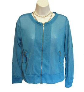 SHEER Cardigan Sweater Size G L Zip Front Shimmer Turquoise CHEMOA BRAZIL Blue - Picture 1 of 7