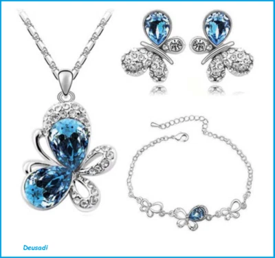Set Di Collana E Ciondolo, Bracciale E Orecchini Con Farfalle E Cristallo Blu - Immagine 1 di 3