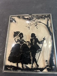 Reverse Convex Glass Painting Silhouette Victorian Man & Women 4x5 - Picture 1 of 3