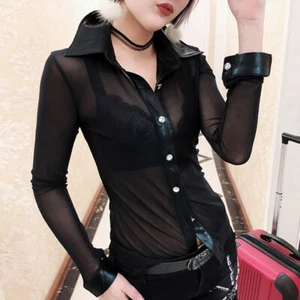 Camisa Blusa Top Manga Larga Transparente Mujer Negra Malla Transparente Informal Sexy Club - Imagen 1 de 7