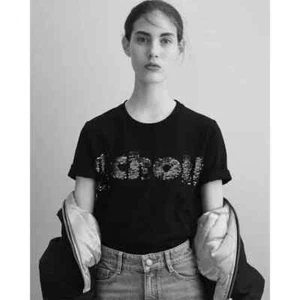 Maje X Schott Embroidered Sequined Crew Neck T-Shirt Womens Black Size 2 M - Picture 1 of 6