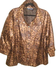Susan Graver XL Regenjacke Leopardenmuster silber Druckknöpfe 3/4 Ärmel Taschen gefüttert - Bild 1 von 13