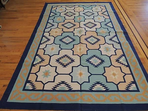 Kilim 6x9 Reversible Dhurrie  Area Rug  Geometric design blue navy  - Picture 1 of 9