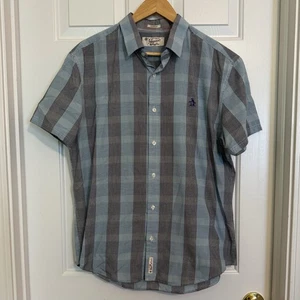 Penguin Munsingwear Mens Classic SS Button Down Black Light Blue Plaid Shirt LG - Picture 1 of 8