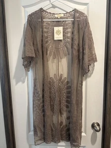 Rebellion Sheer Beige/Brown,  Caftan Coverup Embroidered, Long Duster Sz XS - Picture 1 of 8