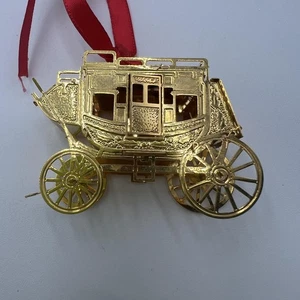 Towle LP Stagecoach Christmas Ornament Gold Tone Metal Coach Red Ribbon - Picture 1 of 7