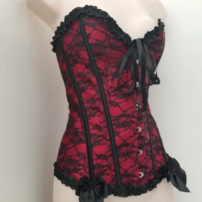 Vampire Corset Black Lace over Red Burgundy Beautiful Bows & Ruffles Corset SZ L - Image 1 of 4
