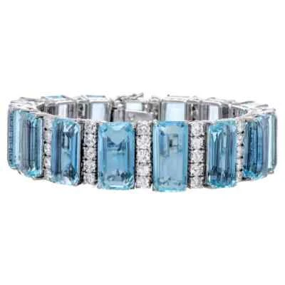 35ct Emerald Cut Simulated Aquamarine/CZ Tennis Bracelet 14k White Gold Plated - Image 1 of 4