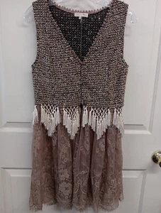 Ryu Mixed Media Sleeveless Long Boho Vest Knit Lace Tassles Size Medium EUC - Picture 1 of 8