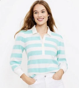 LOFT neu mit Etikett gestreiftes Puffärmel Polo Rugby Shirt - Mint Joy - Größe Large - Bild 1 von 1
