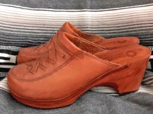 Vintage 70s SUNSEEKERS Platform Clog Shoe Brown Leather Boho Laced Wood 8 Rare! - Picture 1 of 8