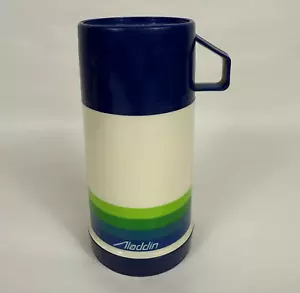 Vintage Aladdin Thermos Blue Green Cream/White W/Stripes, Topper Small Made USA - Picture 1 of 16