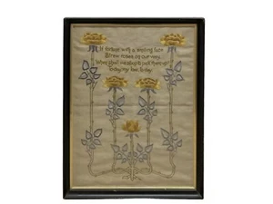 Antique Arts And Crafts Silkwork Embroidered Panel Yellow Roses And Verse C1900 - Picture 1 of 6
