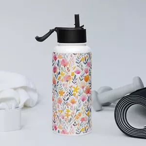 Watercolor Flowers Stainless Steel Water Bottle with Straw Lid - Picture 1 of 4