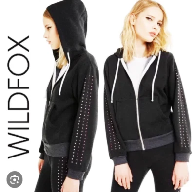 NUEVA SUDADERA CON CAPUCHA WILDFOX "REGAN" ROSA BRILLO ESTRÁS MEZCLA DE ALGODÓN GRIS OSCURO TALLA: XS Foto 1 de 4