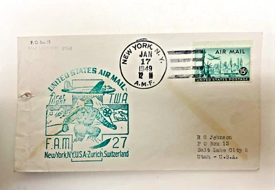 US Air Mail First Flight FAM 27 FDC New York - Zurich, Switzerland (Jan 17 1949) - Image 1 of 2