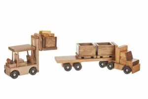 Großer Holz LKW & Mülltonnenanhänger mit Gabelstapler Spielzeug Set, Amish-Made - Bild 1 von 1