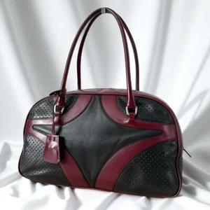 Auténtico bolso de boliche de mano PRADA Archive de cuero Boston crochet negro burdeos - Imagen 1 de 10