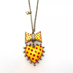 BETSEY JOHNSON Ivy League Red Polka Dot Heart and Bow Pendant Necklace Rare - Picture 1 of 7