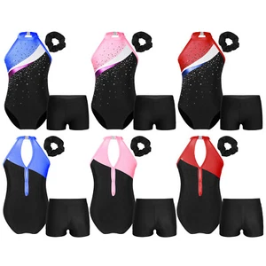 Girls Sleeveless Rhinestone Gymnastics Leotard Shorts Hair Band Set AU - Picture 1 of 50