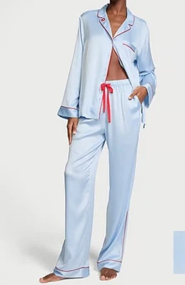 Victoria's Secret Women's Satin Long Pajama Set Blue Satin Red Trim Large NWT - Image 1 of 3
