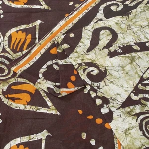 Sanskriti Vintage Sarees Ivory & Brown Pure Cotton Batik Work 5+Yd Heritage Sari - Picture 1 of 12