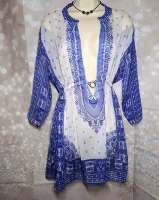 Rima Beachworld 蓝色印花透明游泳遮盖 Kurti 束腰外衣上衣 3/4 袖 L/XL — 第 1/4 张图片