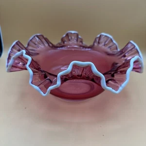 FENTON Cranberry Inverted Thumbprint Art Glass Bowl Snow Crest White Rim - Picture 1 of 11