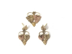 Black Hills Gold 14k Yellow Rose Green Gold Grape Leaf Cluster Earring Pendant - Picture 1 of 2