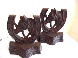 New 5 x 5-1/2  Cast Iron Horse Shoe/ Horse Head Book Ends - Picture 1 of 8