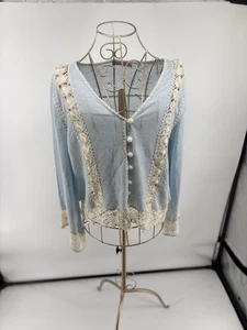 Cárdigan Calypso St. Barth Azul Detalle Encaje Talla Mediana 100% Lino - Imagen 1 de 11