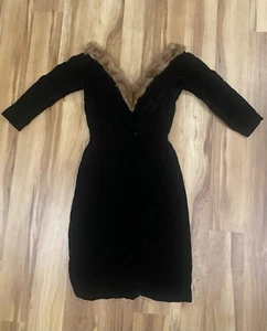 Vintage 50s Suzy Perette Black Velvet Fur Collar Low v Dress - Picture 1 of 9