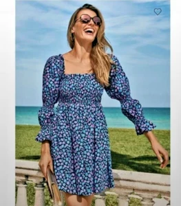 Baumwolle marineblau Lilly Pulitzer Beyond Beyonca Langarm gesmoktes Babydoll Kleid XL - Bild 1 von 13