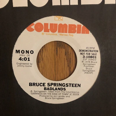 BRUCE SPRINGSTEEN - BADLANDS, COLUMBIA , W L PROMO 45 RPM, 1978, NM ! RARE ! - Image 1 of 4