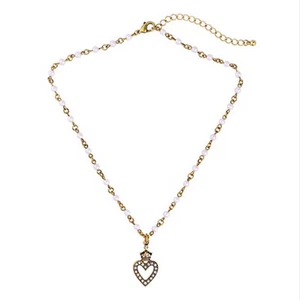 NEW Urban Anthropologie Crown Heart Rhinestone Faux Pearl Gold Necklace - Picture 1 of 2