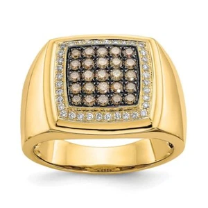 14K Solid Yellow Gold Champagne White Diamond Mens Ring - Picture 1 of 18