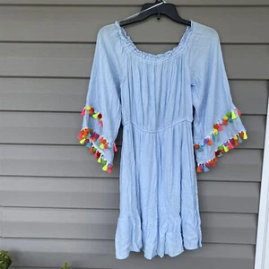 Entro Mini Dress Pom Pom Trim Ruffle Boho Festival Medium Babydoll Western - Picture 1 of 11