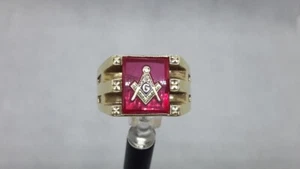 10k Masonic Mason Men's Ring with Synthetic Ruby. Art Deco Style. DASON - Picture 1 of 7