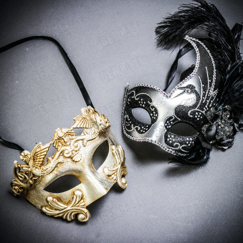 Silver Venetian Roman Warrior & Silver Black Side Feather Glitter Couple Masks - Image 1 of 1