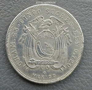 1943 -5 Sucres Ecuador Silver Coin, Mexico City Mint. KM#79. ¡SCARCE!¡BEAUTIFUL! - Picture 1 of 7
