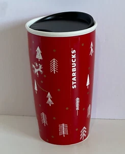 STARBUCKS 2018 Holiday Winter RED FOREST 12oz Ceramic TRAVEL MUG with Lid - Picture 1 of 8