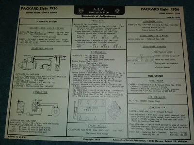 Packard Clipper Deluxe 1956 Super & Custom V-8 A.E.A tabla de puesta a punto/de colección Foto 1 de 2