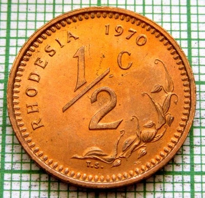 RHODESIA Zimbabwe 1970 1/2 CENT, Bronze km# 9 UNC Lustre yes we combine postage - Image 1 of 4