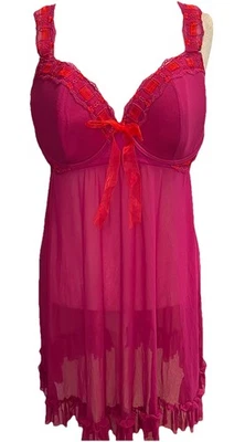 Cacique Babydoll Chemise 22/24 Magenta Sheer Chiffon Bow Underwired Lingerie Y2K - Image 1 of 4