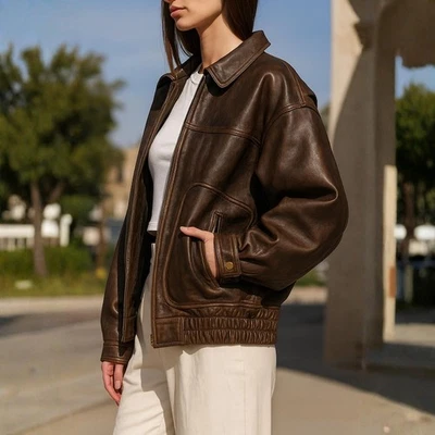 女式 80 年代超大棕色绵羊皮夹克,复古仿旧轰炸机 — 第 1/4 张图片