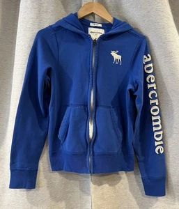 Abercrombie Fitch Hoodie Kids XL Blue Spell Out Sleeve Moose Logo Muscle Zip Y2K - Picture 1 of 5