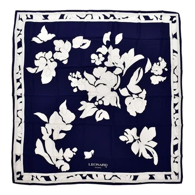 Bufanda de Seda Leonard Paris - Azul Marino/Blanco Gráfico Estampado Floral 34" Cuadrado Bufanda de Seda Foto 1 de 4