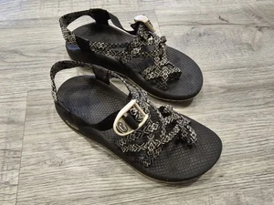Chaco Cloud Sandals Womens Size 8 Black White Striped Side Strap Comfort Hiking - Picture 1 of 17