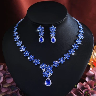 Conjunto de collar y pendientes de flores de tanzanita azul enchapados en plata circonita cúbica conjunto de joyas de boda Foto 1 de 4