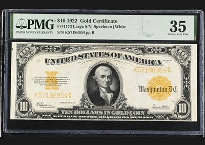 $10 1922 gold certificate PMG graded at Choice VF 35 Very Fine - Image 1 of 2